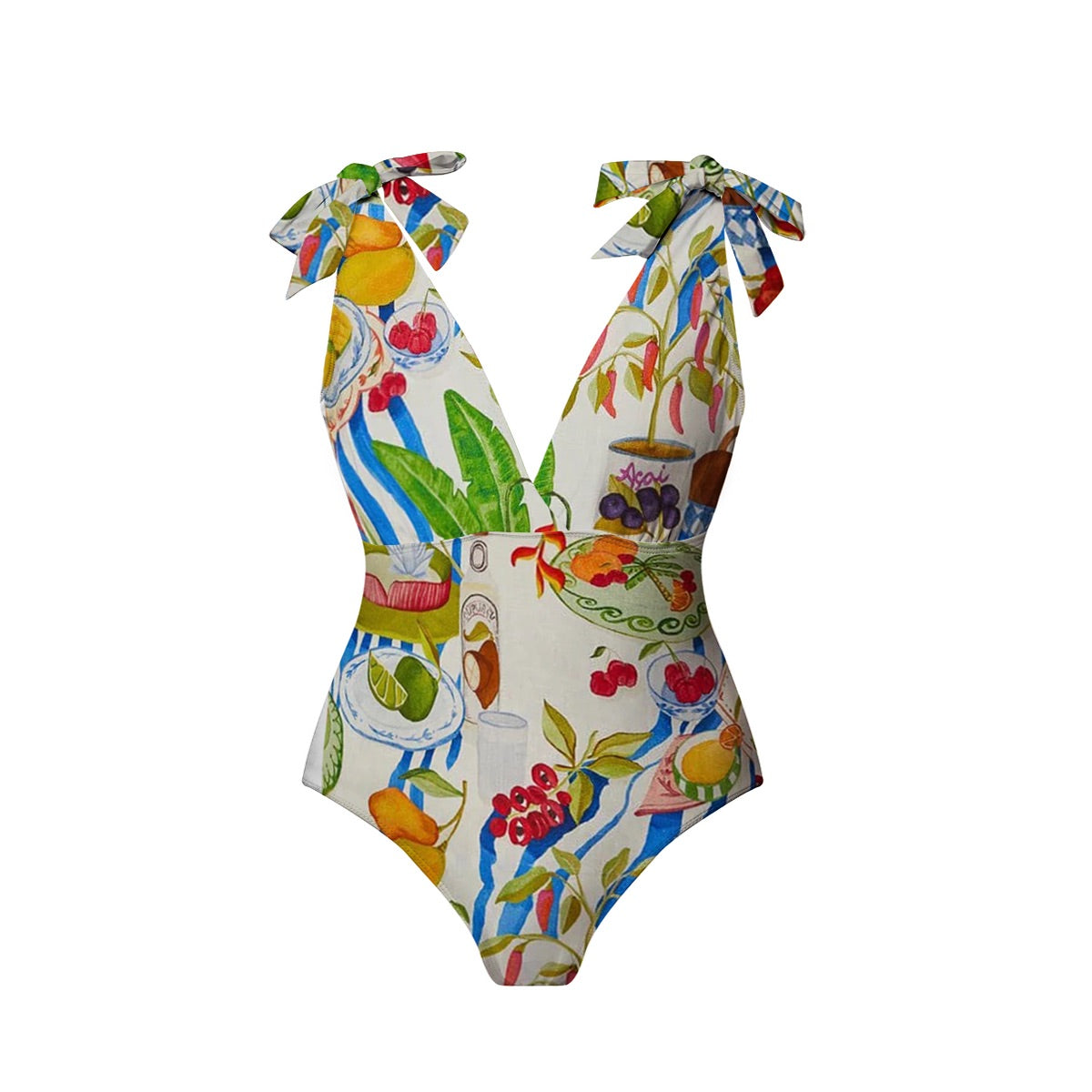Fruit Food Patterned Colorful Tropical Feast Print One-Piece Swimsuit&Skirt