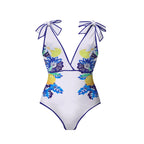 Lemon Blue Floral Print One-Piece Swimsuit&Skirt