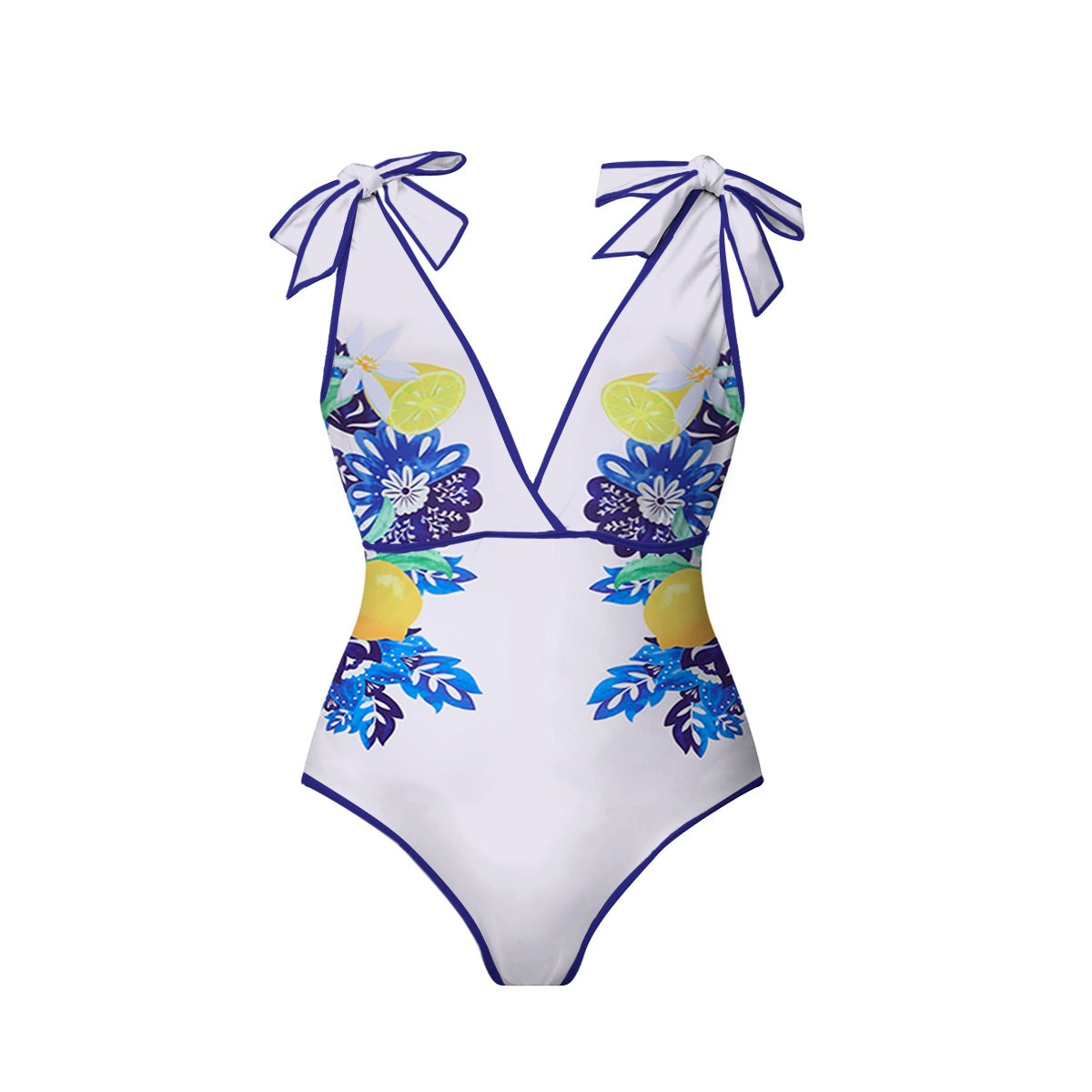 Lemon Blue Floral Print One-Piece Swimsuit&Skirt