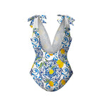 Lemon Motifs Blue Scrollwork Ornate Print One-Piece Swimsuit&Skirt&Pants