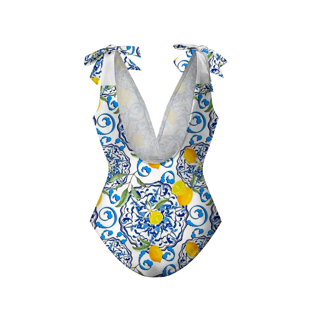 Lemon Motifs Blue Scrollwork Ornate Print One-Piece Swimsuit&Skirt