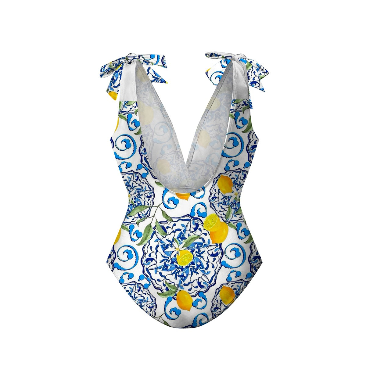 Lemon Motifs Blue Scrollwork Ornate Print One-Piece Swimsuit&Skirt
