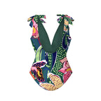 Green Parrot Tropical Exotic Flower Motifs One-Piece Swimsuit&Pants
