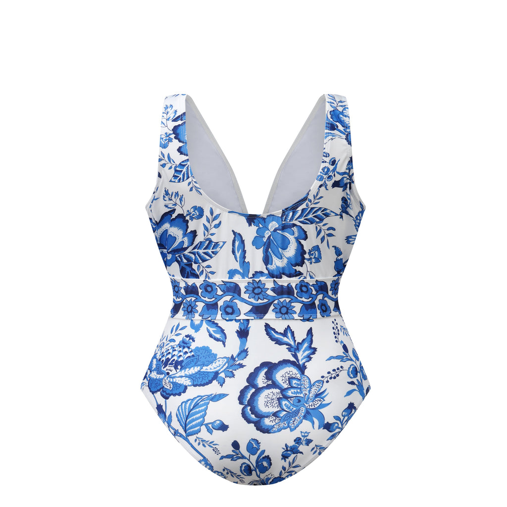 Chic Indigo Botanical Print One-Piece Swimsuit&Pants