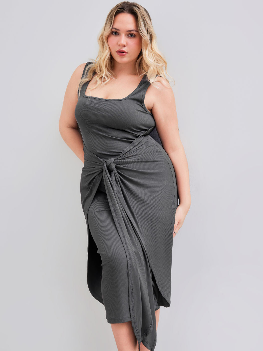 Square Neck Solid Twist Knotted Maxi Dress Curve & Plus Dress