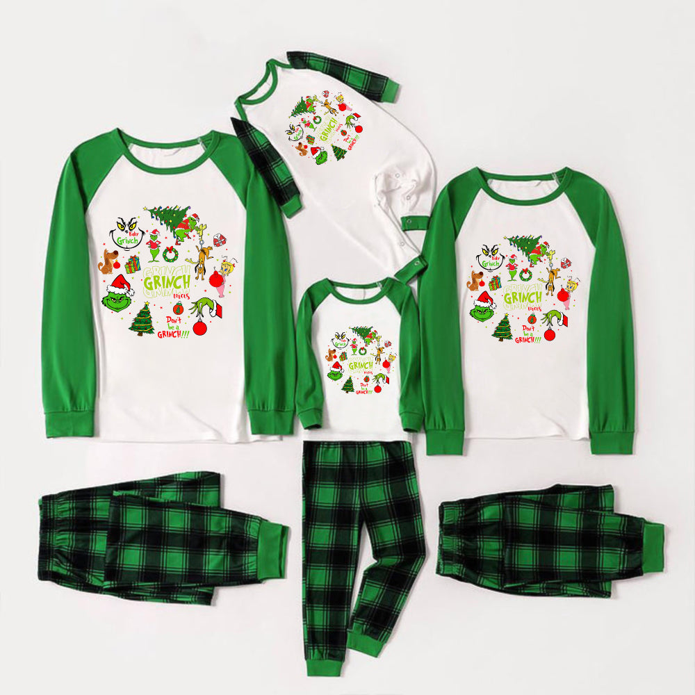 Green Raglan Top Green Plaid Christmas Pajamas Set With Christmas trees and “GRINCH” Print