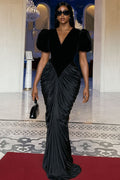 V Neck Puff Sleeve Velvet Panel Ruched Party Maxi Dresses-Black