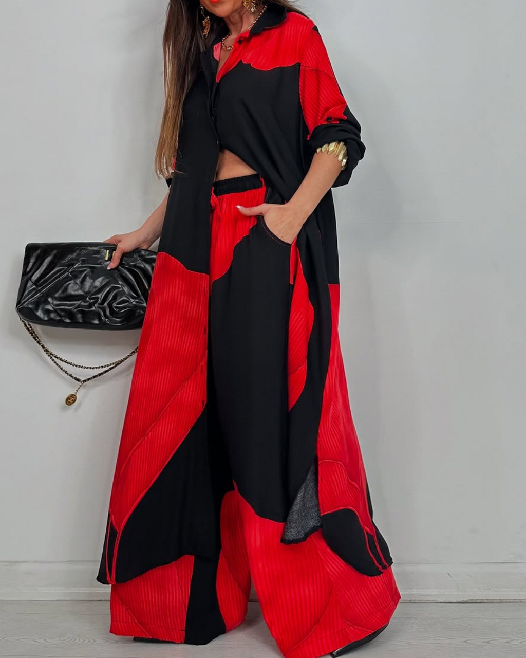 Women's V-neck Patchwork Printed Top and Pants Commuting Casual Suit