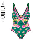 Green Grape Blossom Tropical Vineyard V-Neck Swimsuit & Mini Skirt