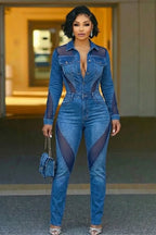 Denim Turndown Collar Mesh Patchwork Bodycon Casual Jumpsuit-Blue