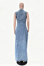 Denim Turndown Collar Sleeveless Slit Slim Fit Casual Maxi Dresses-Blue