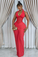 Halter Cinch Waist Ruched Fishtail Bodycon Party Maxi Dresses-Red