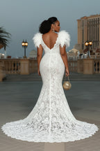 Fluffy Patchwork Fitted Mermaid Gowns Lace Maxi Dresses-White