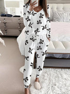 Bow Print V-Neck Long Sleeve Top & Tie Waist Pants Set