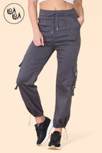 High Waisted Stretch Cuffed Cargo Pants with Pockets in Charcoal