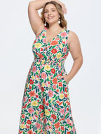 Vibrant Floral Print Shirred Waist Jumpsuit