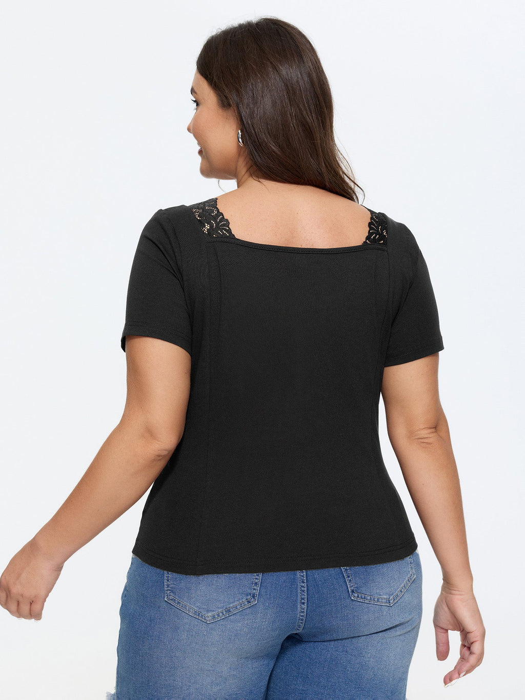 Cotton Lace Trim V-Neckline T-Shirt