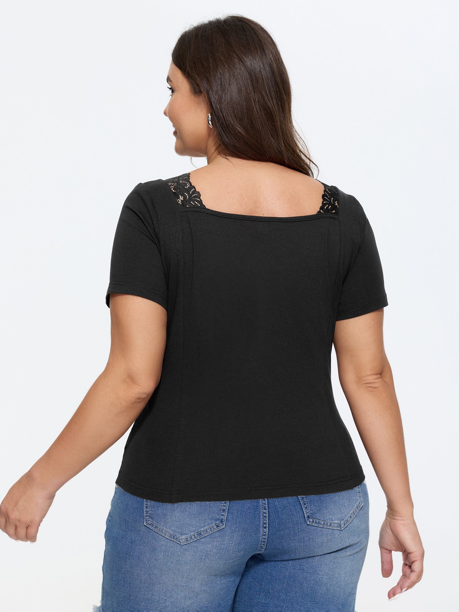 Cotton Lace Trim V-Neckline T-Shirt