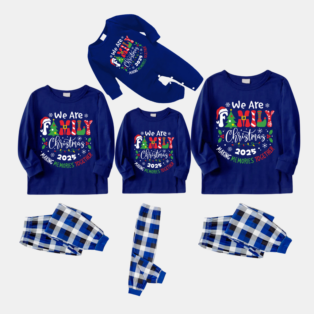 "We are Family 2025 Christmas Make Memories Together" Slogan Print Blue Long Sleeve with Versatile Blue and White Plaid Pants Family Matching Pajamas