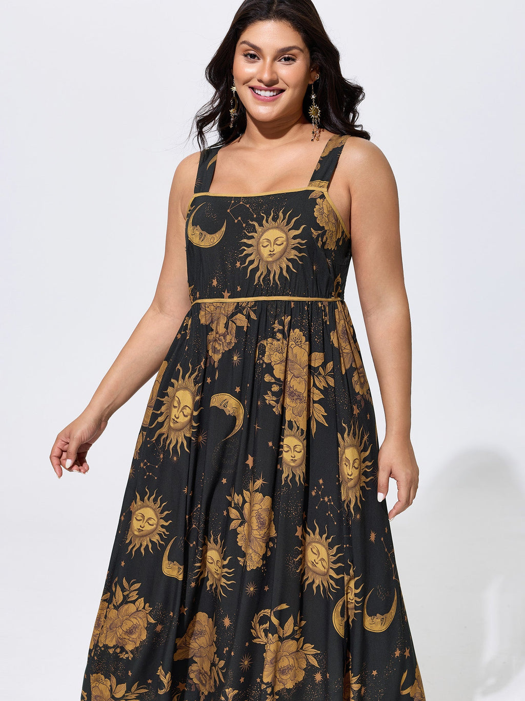 Celestial Print Wide Straps Midi Dress