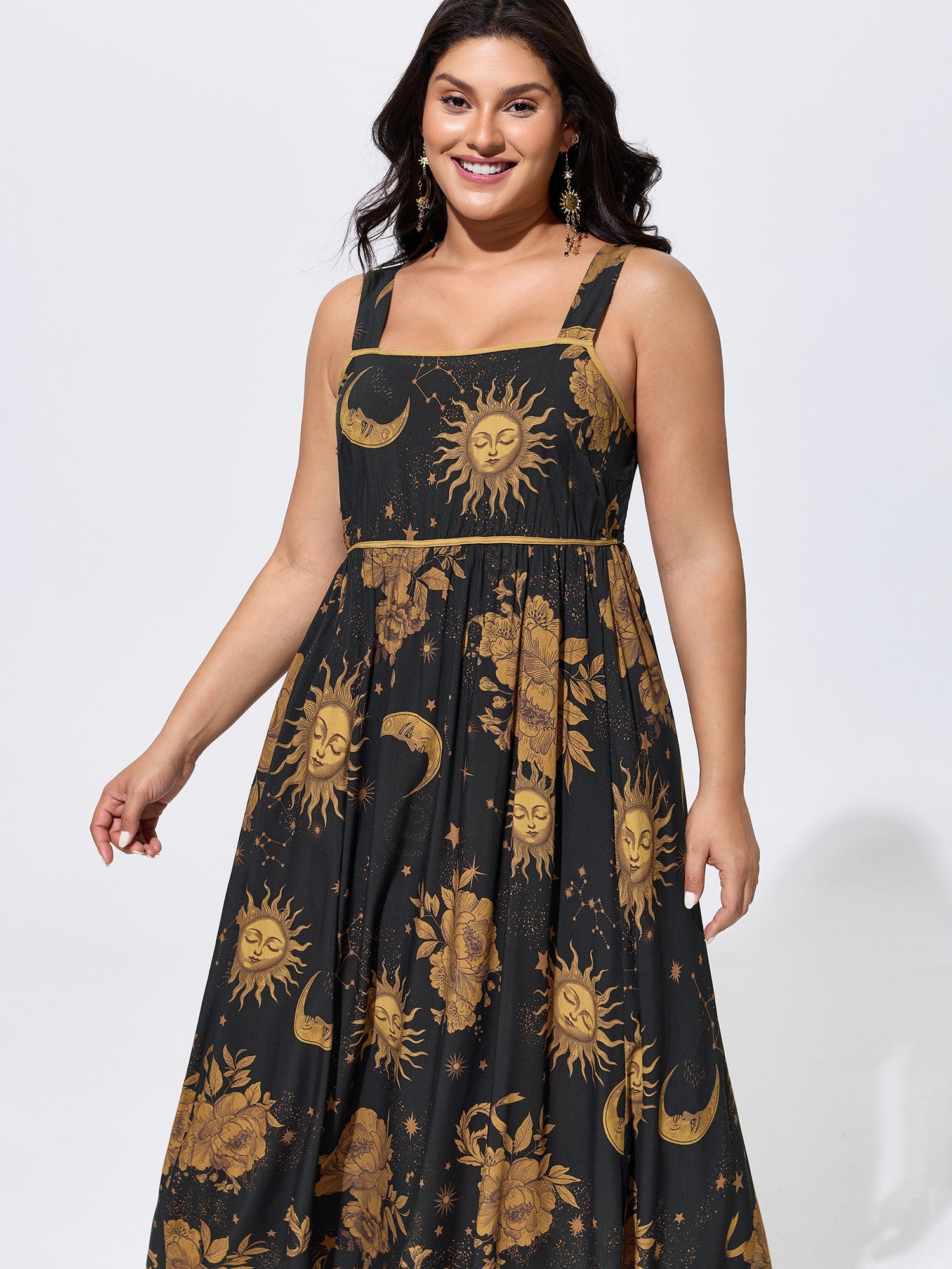 Celestial Print Wide Straps Midi Dress