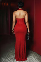 Cross Halter Cut Out Cinch Waist Glitter Gowns Maxi Dresses-Red