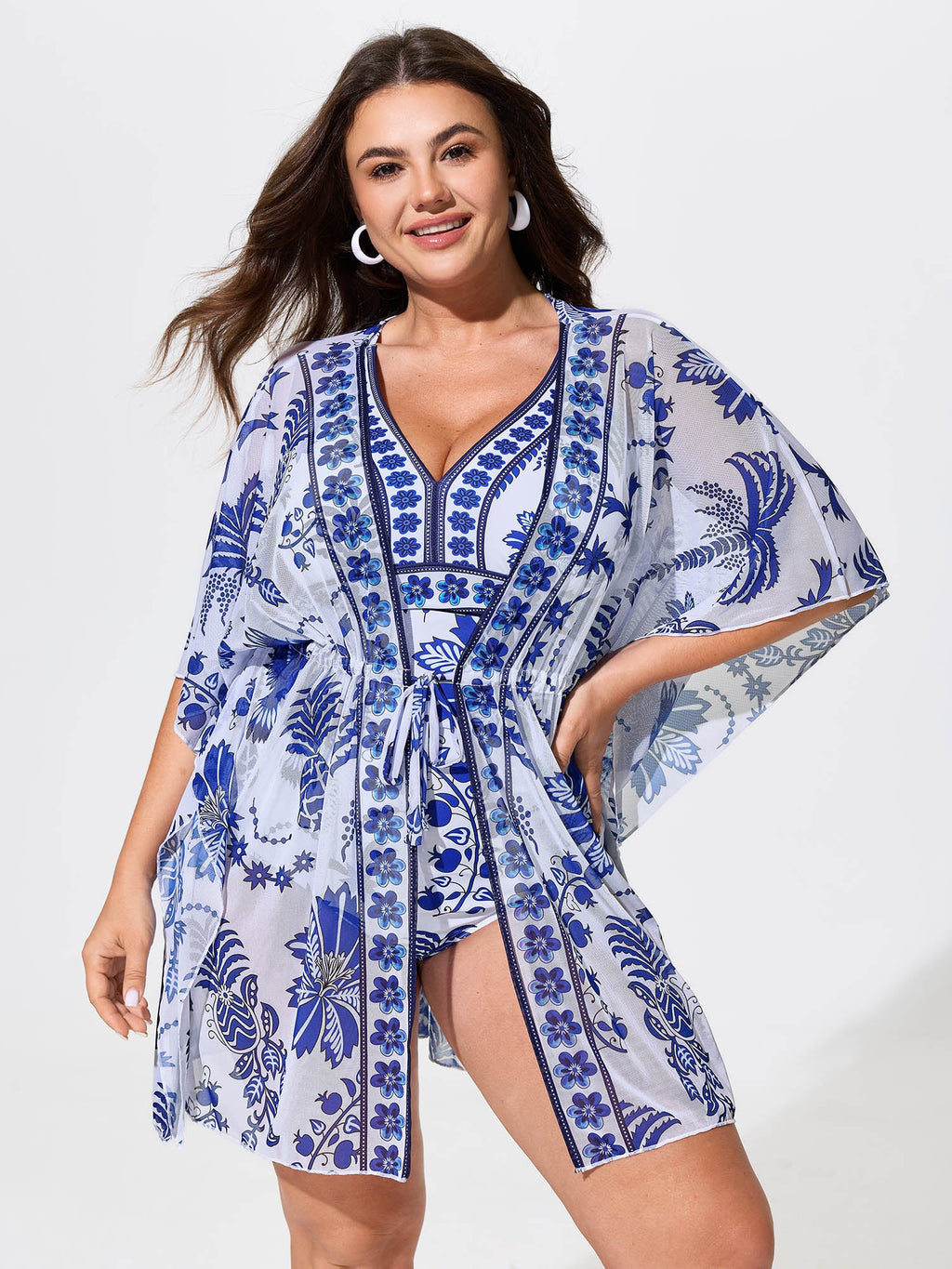 Kimono Two-Piece Tropical Print One-Piece Swim