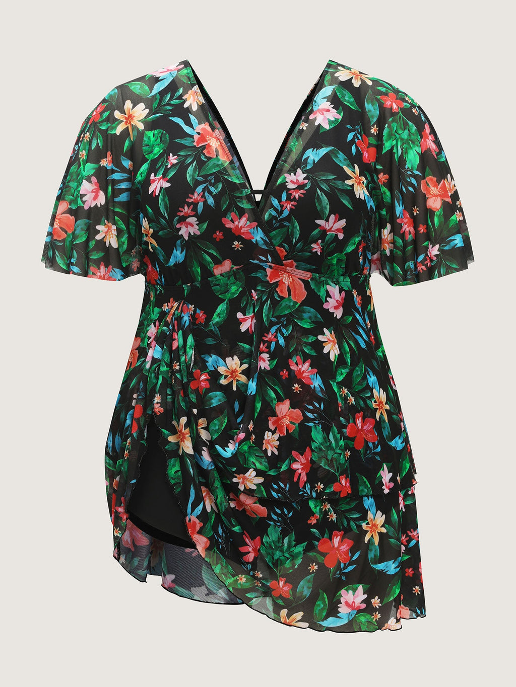 Floral Print Mesh Tiered Swim Dress