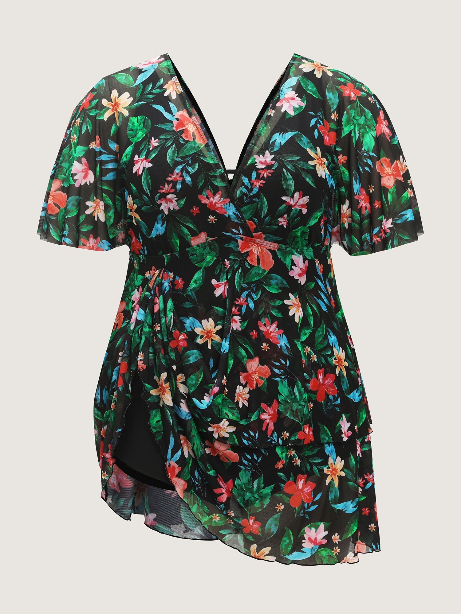 Floral Print Mesh Tiered Swim Dress