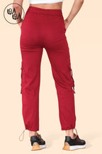 High Waisted Stretch Cuffed Cargo Pants with Pockets in Wine
