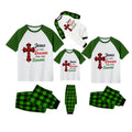 White Top Green Sleeves Green Plaid Pants Pajamas Set With "Jesus Is The Reason For The Season" Slogan Print