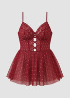Sexy Plus Size Sheer Lace & Mesh Polka Dot Nightie