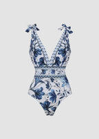 V Neck Lace Up Printed One Piece Swimsuit and Skirt