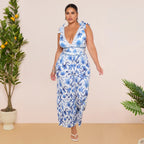 V Neck Lace Up Boho Breeze Blue Floral Swimsuit&Pants