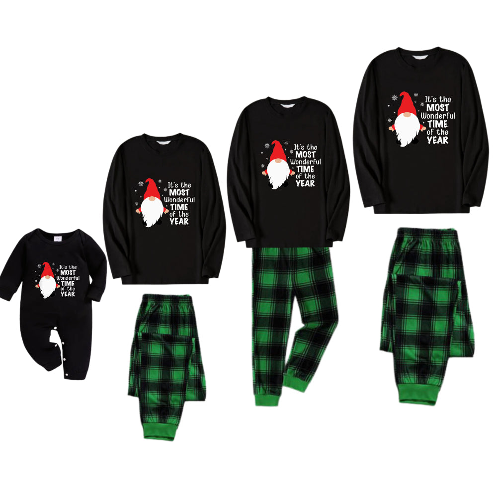 Christmas Family Matching Pajamas-Black Top and Green Plaid Pants Pjs Set with Cute Gnome and Christmas Slogan Print