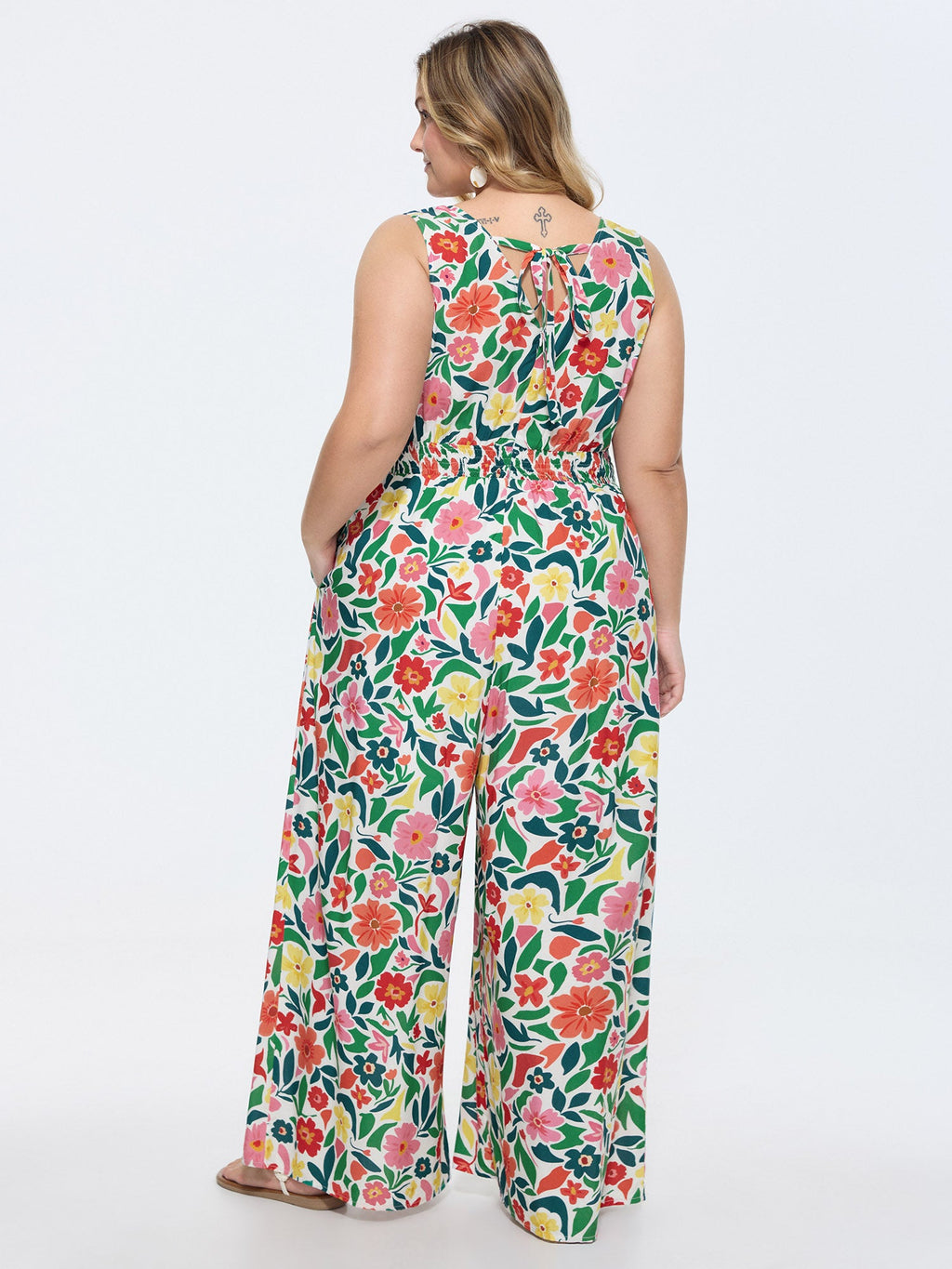 Vibrant Floral Print Shirred Waist Jumpsuit