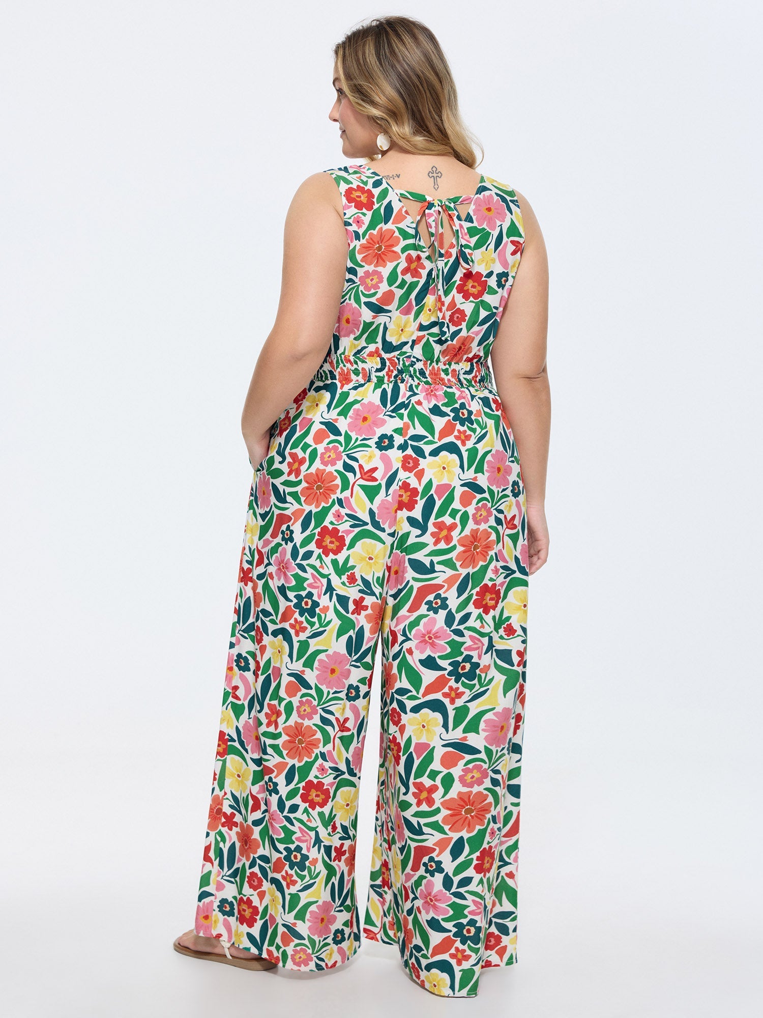 Vibrant Floral Print Shirred Waist Jumpsuit