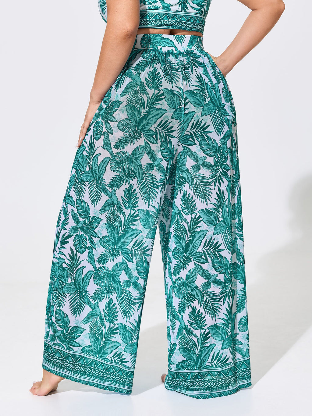 Two-Piece Tropical Print Sheer Wide-Leg Swim Bottoms