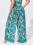 Two-Piece Tropical Print Sheer Wide-Leg Swim Bottoms