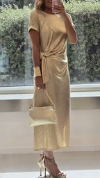 Ladies Round Neck Pleated Slit Temperament Casual Dress