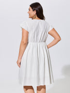 Cotton Lace Trim Pleated Plain Mini Dress
