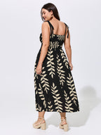 Leaf Print Shirred Adjustable Tie Maxi Dress