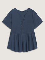 Stretchy Notched Collar Button Detail Knit Top