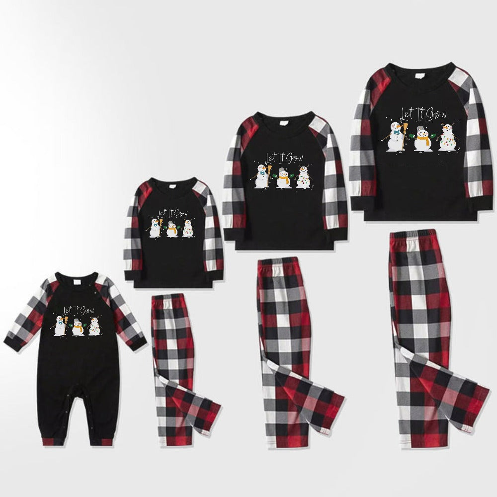 Christmas Family Matching Pajamas-Red and Gray Plaid Pjs set with "Let It Snow" and Christmas Snowman Pattern Colorful Print