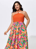 Tropical Floral Print Halter Neck Shirred Midi Dress