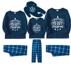 Christmas Family Matching Pajamas-Navy & Sky Blue Plaid Pjs Set with "We Wish You A Merry Christmas" Slogan Print