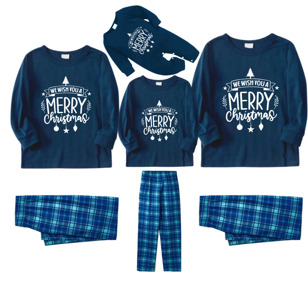 Christmas Family Matching Pajamas-Navy & Sky Blue Plaid Pjs Set with "We Wish You A Merry Christmas" Slogan Print