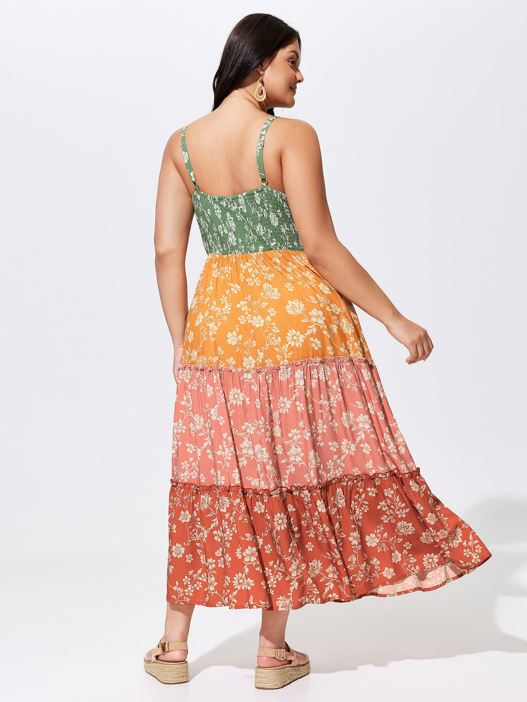 Color Contrast Floral Print Cami Midi Dress