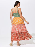 Color Contrast Floral Print Cami Midi Dress