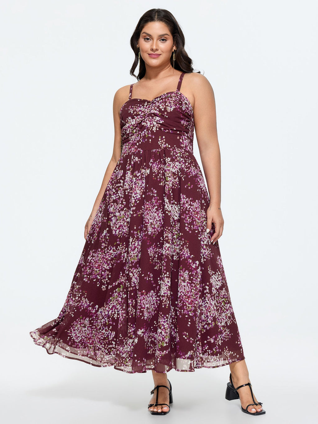 Elegant Floral Print Shirred Cami Maxi Dress